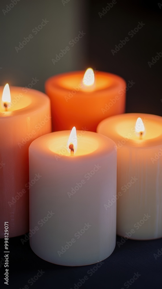 Four candles with flickering flames, creating a warm and cozy ambiance on a dark surface. Four candles with flickering flames, creating a warm and cozy ambiance on a dark surface.