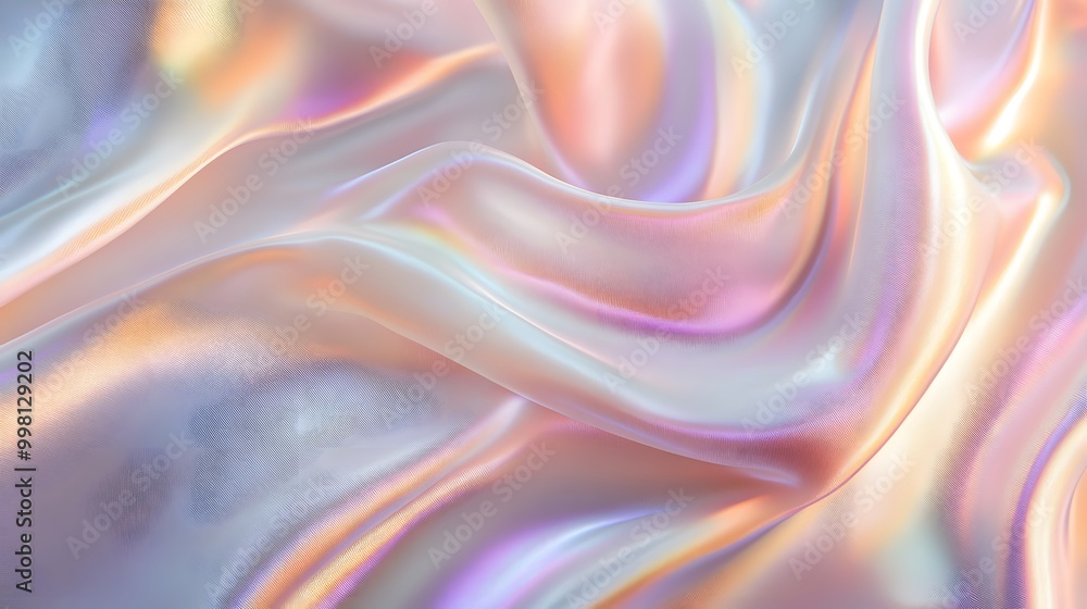 Obraz premium A close-up of an iridescent holographic satin cloth, with soft curves and gentle folds that undulate in the wind