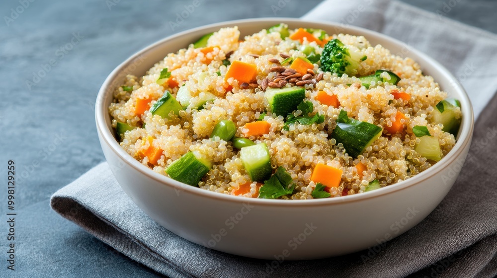 Fresh quinoa salad with colorful vegetables served in a bowl, perfect for a healthy meal on a rustic kitchen table. Fresh quinoa salad with colorful vegetables served in a bowl, perfect for a healthy meal on a rustic kitchen table.