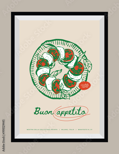 Minimal hand drawn vector Italian cuisine illustration with aesthetic quote in a poster frame.