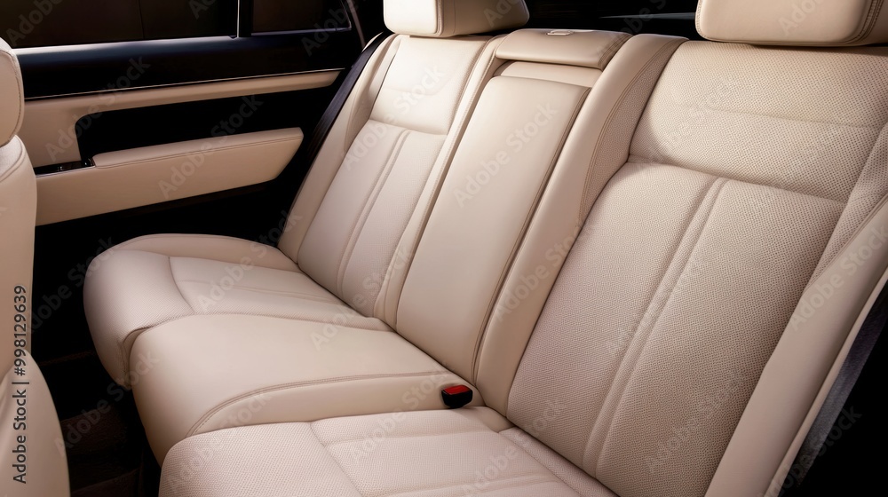Interior view of a luxury car's beige back seat, showcasing a sleek and comfortable design. Interior view of a luxury car's beige back seat, showcasing a sleek and comfortable design.