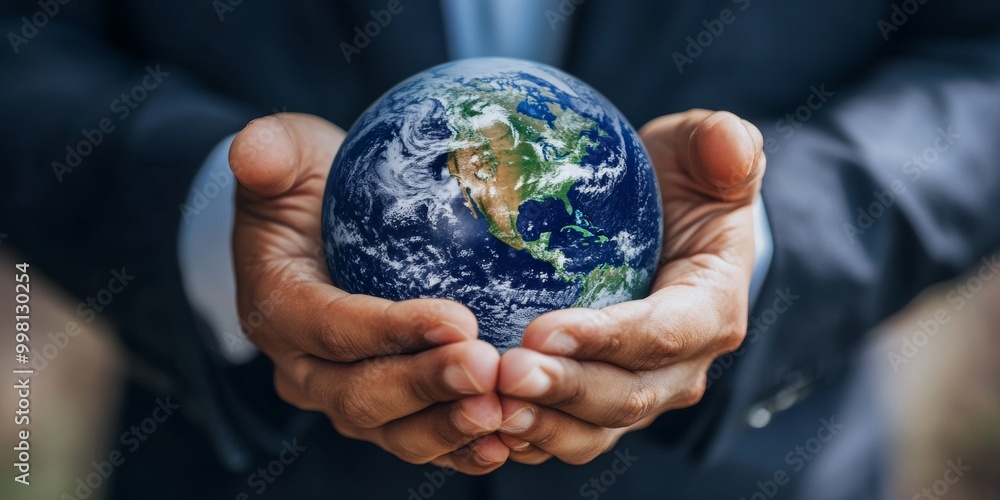 Man in a Suit Holds a Miniature Globe Symbolizing Global Resources and Society