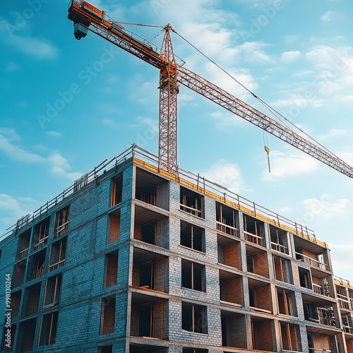 Tower Crane on building construction. Construction crane on Housing. Construction site, Multi Storey Residential Buildings construction. Formworks. Modern Townhome building. Modern House building 