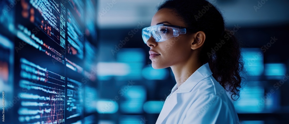 Scientist analyzing data on a digital screen in a laboratory environment. Scientist analyzing data on a digital screen in a laboratory environment.