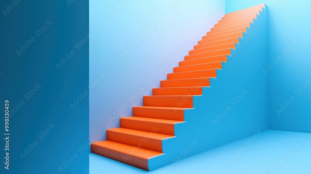 Obraz premium blue stairs leading to orange top step success top level or career minimal modern concept