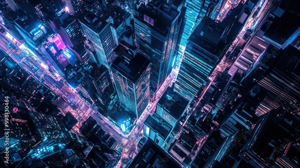 Aerial View of a City at Night with Neon Lights Aerial View of a City at Night with Neon Lights