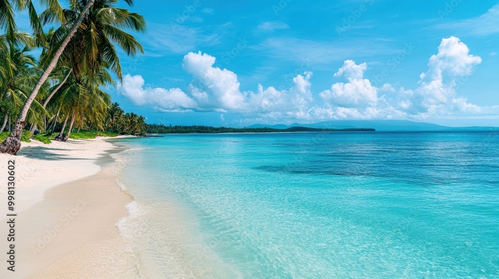 Fototapeta premium Serene tropical beach with clear turquoise water, soft white sand, and palm trees under a bright blue sky.