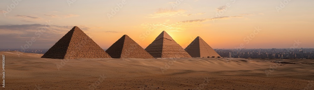 Majestic pyramids of Giza rise against a stunning sunset, showcasing the grandeur of ancient Egyptian architecture and history.