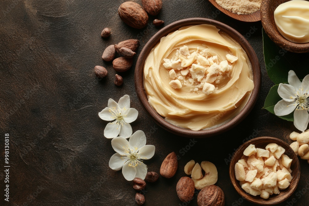 banner concept featuring smooth cocoa butter texture with shea nuts and natural ingredients, for a skincare product banner concept featuring smooth cocoa butter texture with shea nuts and natural ingredients, for a skincare product