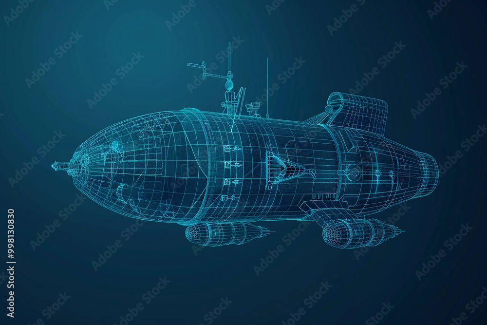 Beautiful large bathyscaphe floating in middle of ocean during exploration Beautiful large bathyscaphe floating in middle of ocean during exploration