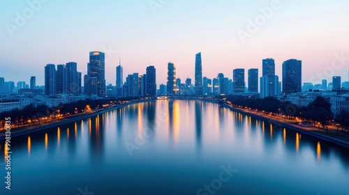 Stunning city skyline featuring modern skyscrapers reflected in calm water at twilight.