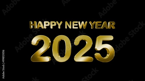 Animation of Happy New Year 2025 wishes, with 3D golden text illuminated by light rays. Perfect for New Year’s Eve celebrations and video greetings.