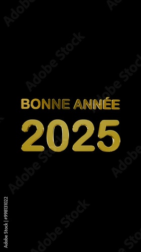 Vertical animation of Happy New Year 2025 (Bonne Année) wishes in French, with 3D golden text illuminated by light rays. Perfect for New Year’s Eve celebrations, social media posts, and video greeting
