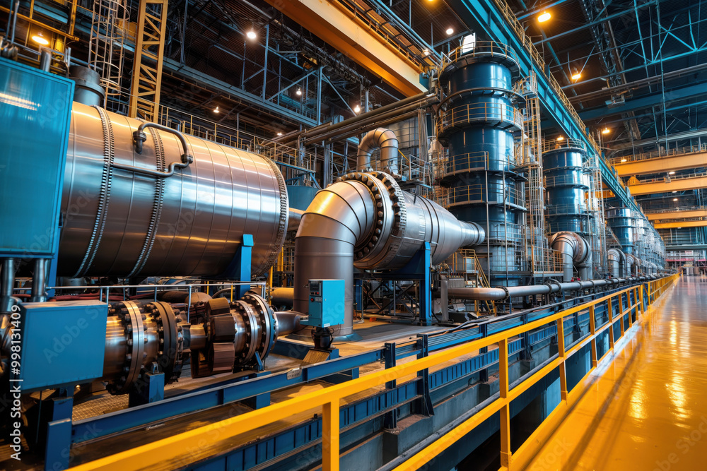 View of a modern thermal power station with large boilers and pipes ...