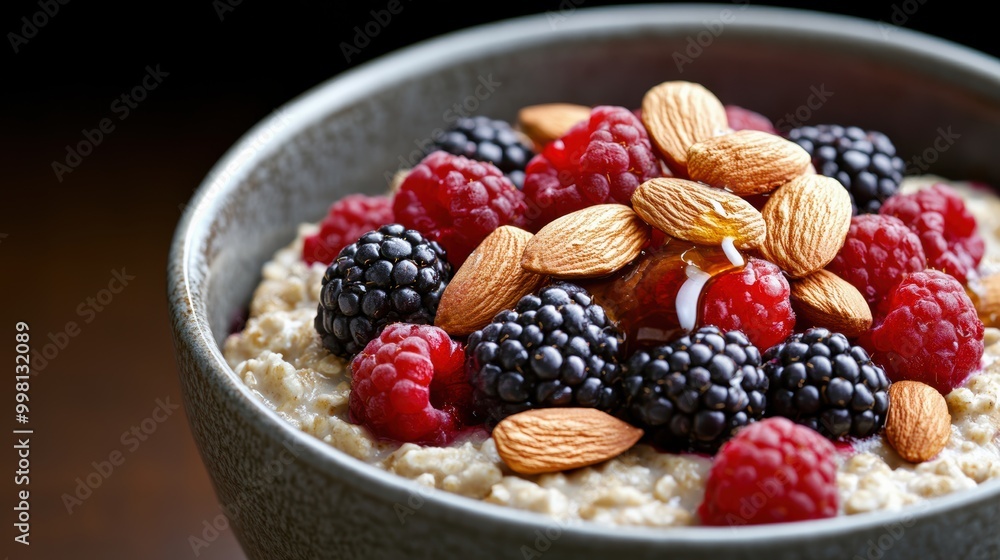 A delicious bowl of oatmeal topped with fresh raspberries, blackberries, and almonds, set against a dark background. A delicious bowl of oatmeal topped with fresh raspberries, blackberries, and almonds, set against a dark background.