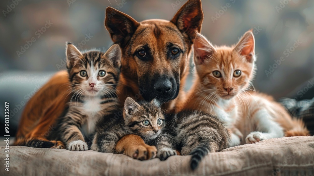 A dog and three cats are laying on a bed