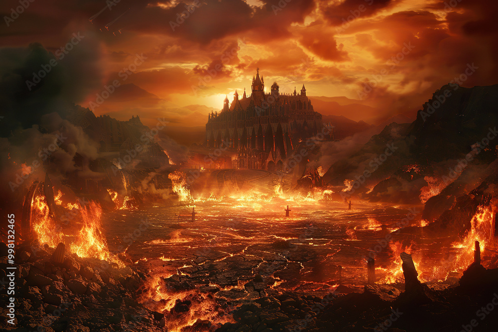 Scary sinister devil is in hell with dramatic fire lighting on the background Scary sinister devil is in hell with dramatic fire lighting on the background