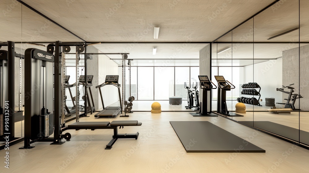 A spacious, minimalist home gym with floor-to-ceiling mirrors, high-end fitness equipment, and a smooth concrete floor A spacious, minimalist home gym with floor-to-ceiling mirrors, high-end fitness equipment, and a smooth concrete floor