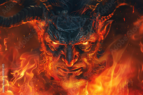 Scary sinister devil is in hell with dramatic fire lighting on the background