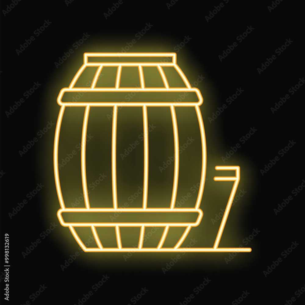 Yellow neon icon of a wooden barrel with a tap for beer or wine making Yellow neon icon of a wooden barrel with a tap for beer or wine making