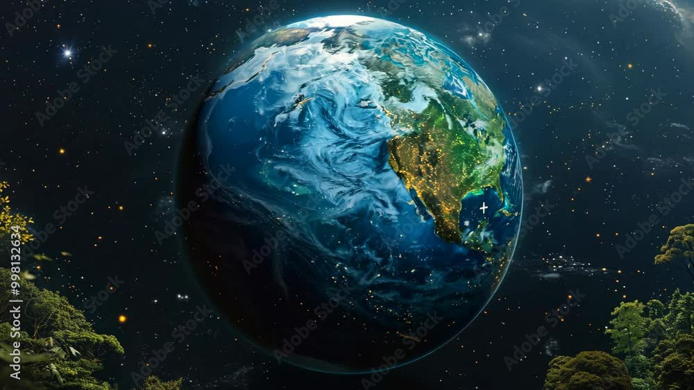 A close up of the Earth with the North Pole in the center. The image is of a planet with a bright star in the background A close up of the Earth with the North Pole in the center. The image is of a planet with a bright star in the background