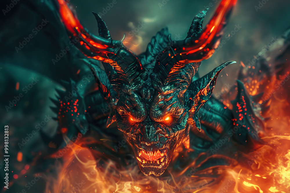 Scary sinister devil is in hell with dramatic fire lighting Scary sinister devil is in hell with dramatic fire lighting