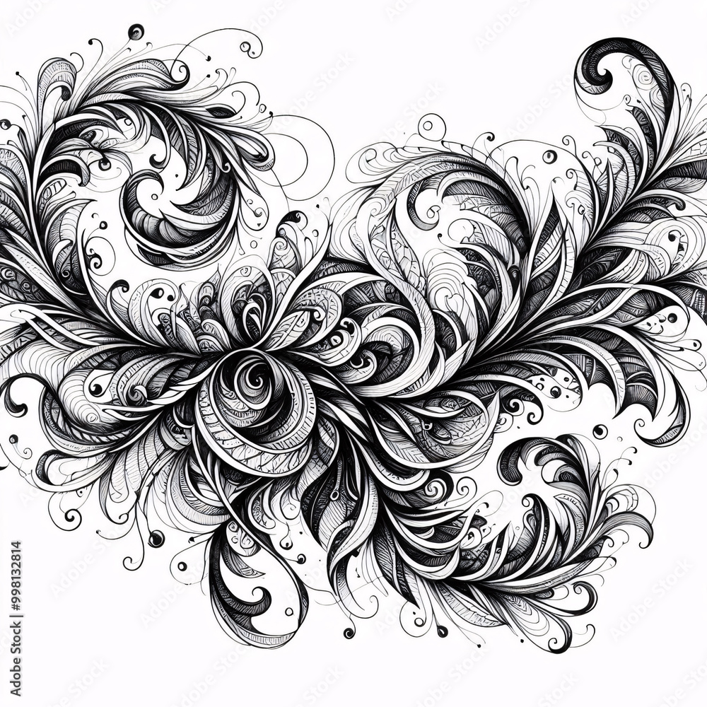 Intricate black and white floral design with swirling patterns and intricate details Intricate black and white floral design with swirling patterns and intricate details