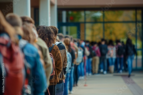 Zoom out to reveal the long line of students waiting outside the university counseling center, underscoring the widespread impact of academic stress. , background blur