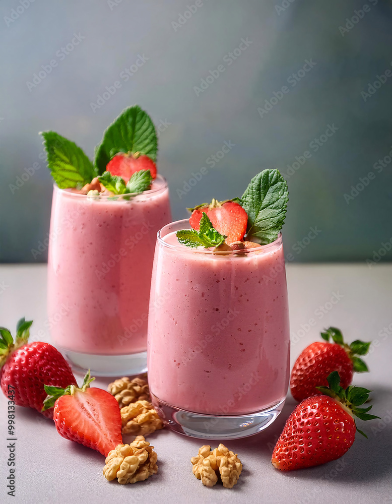 Two refreshing strawberry smoothies topped with fresh strawberries and mint, served in glasses Two refreshing strawberry smoothies topped with fresh strawberries and mint, served in glasses