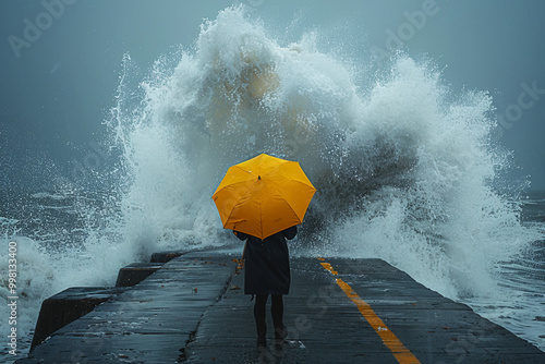 Fototapeta Naklejka Na Ścianę i Meble -  Storm on the sea person standing on the pier generative ai image