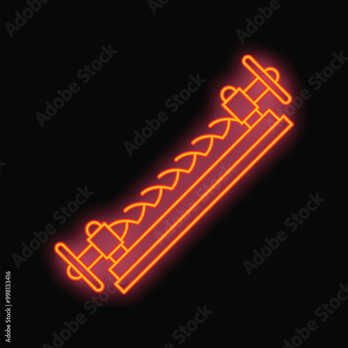 Glowing red neon icon of an industrial archimedes screw pump on a black background