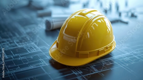 hard hat with blueprints ,Construction planning concept