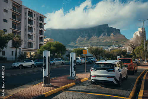 White electric car is charging at a charging station, showcasing sustainable transportation in a scenic urban environment