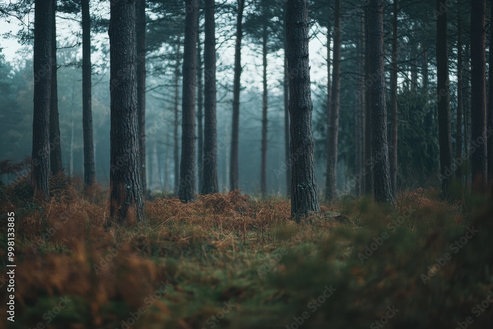 Fototapeta premium Foggy morning in a serene forest with towering trees and lush undergrowth in early autumn