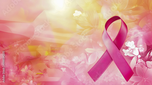 A serene artistic depiction of a pink ribbon surrounded by soft pastel-colored flowers on a light cream background, emphasizing hope and awareness.