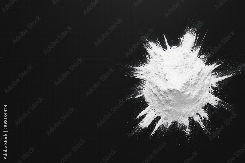 White flour pile on a dark background with a soft texture. White flour pile on a dark background with a soft texture.