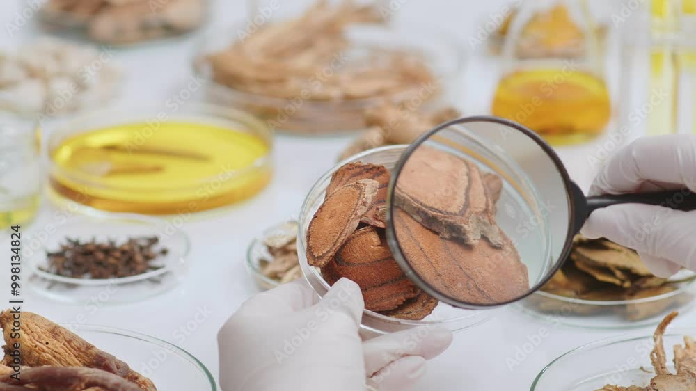 The scientist is using a magnifying glass to observe a petri dish contains caulis spatholobi, the medicinal effects of this plant are recognized by both oriental and modern medicine The scientist is using a magnifying glass to observe a petri dish contains caulis spatholobi, the medicinal effects of this plant are recognized by both oriental and modern medicine