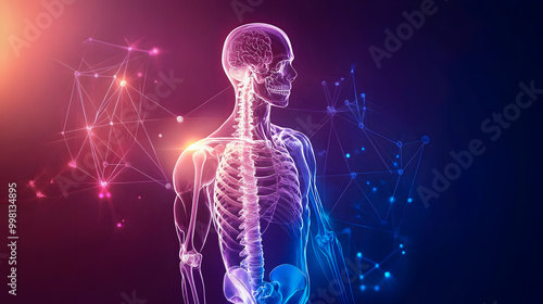 An artistic x-ray of a human skeleton with glowing bones on a dark background, featuring abstract geometric shapes for visual appeal.