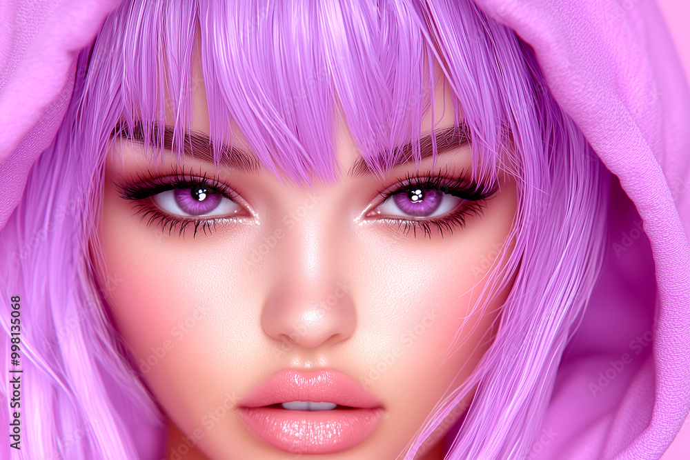 A woman with purple hair and pink hoodie. She has a pinkish face with a pinkish hair A woman with purple hair and pink hoodie. She has a pinkish face with a pinkish hair