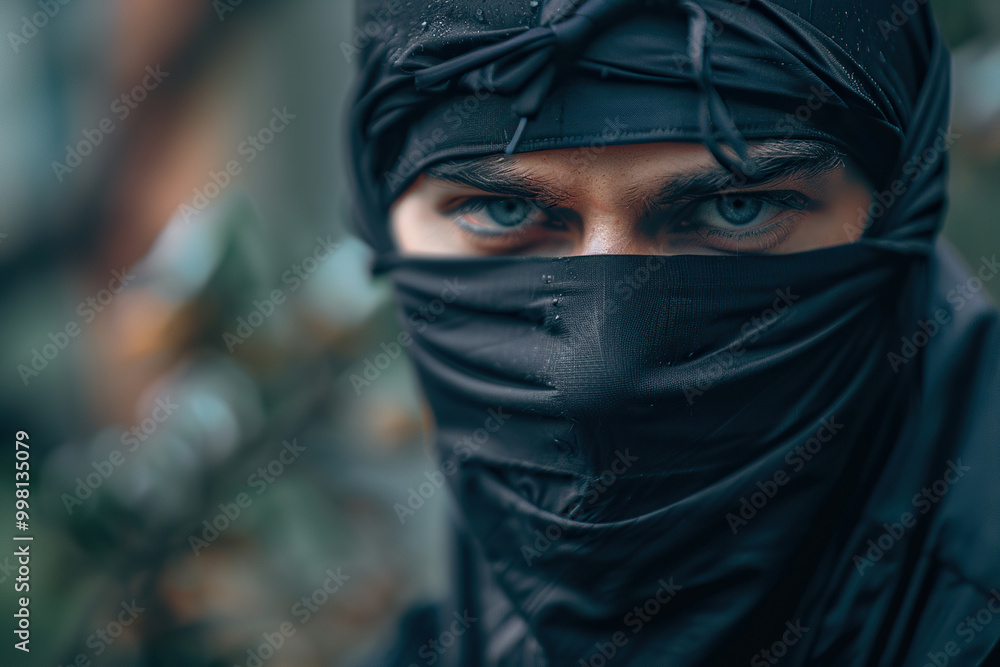 Japanese ninja warrior dressed in samurai clothes holding a sharp sword Japanese ninja warrior dressed in samurai clothes holding a sharp sword