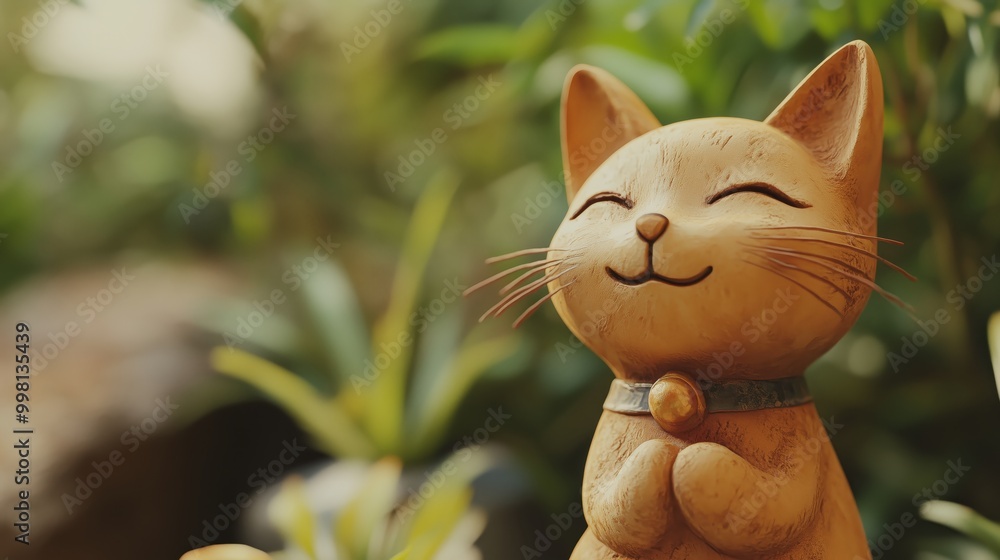 Close-up image of a stylized carved wooden cat figurine with a smooth finish, featuring a light brown color and a content expression against a blurred backdrop of green foliage Close-up image of a stylized carved wooden cat figurine with a smooth finish, featuring a light brown color and a content expression against a blurred backdrop of green foliage
