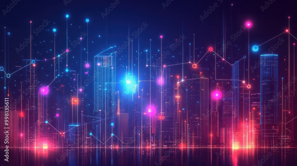Smart city technology innovation concept with connect dots and lines. Glowing neon illustration background. Business connection, big data, network and global communication.
