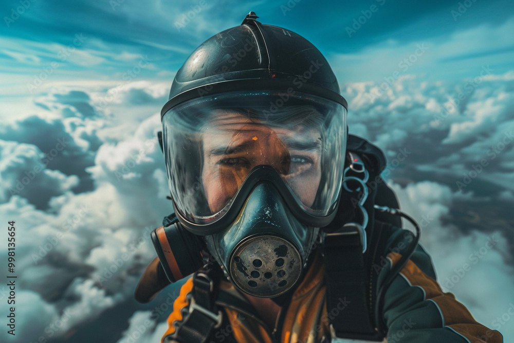 Parachutist with parachute makes heavenly adventure against backdrop of landscape Parachutist with parachute makes heavenly adventure against backdrop of landscape