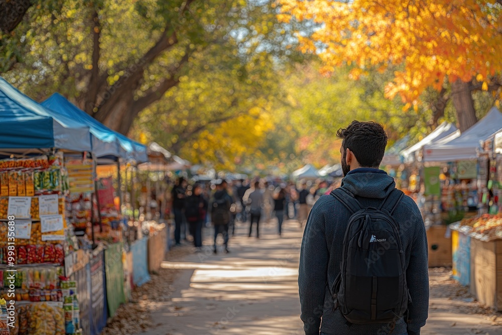 A man walks through a bustling farmers market, lined with colorful tents and vendors. The fall foliage adds a touch of warmth to the scene. A man walks through a bustling farmers market, lined with colorful tents and vendors. The fall foliage adds a touch of warmth to the scene.
