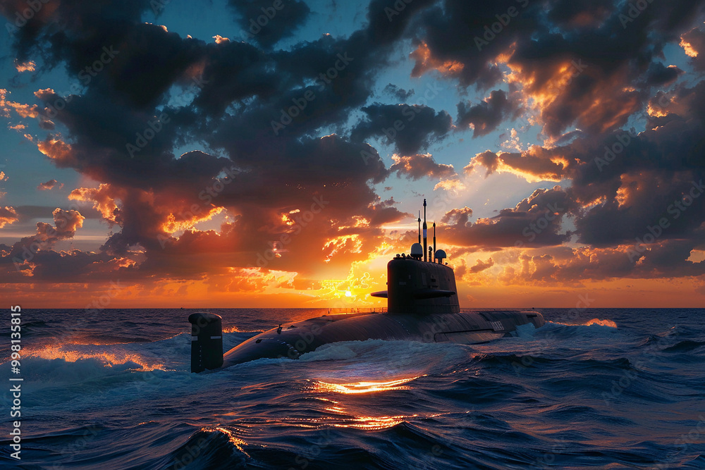 Beautiful large submarine floating in middle of ocean during mission Beautiful large submarine floating in middle of ocean during mission