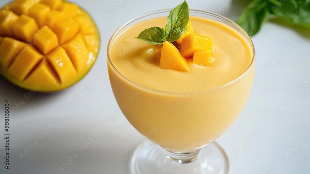 A creamy mango dessert topped with fresh mango cubes and mint leaves. A creamy mango dessert topped with fresh mango cubes and mint leaves.