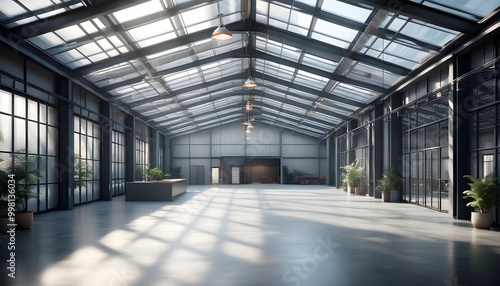 Spacious industrial-inspired interior featuring concrete floors, expansive glass roof, and abundant sunlight streaming through large windows