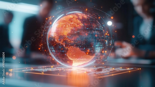 Digital globe with fiery tones, representing innovative global connectivity.