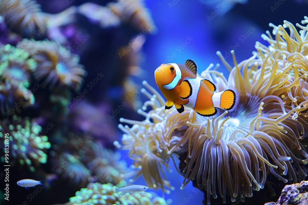 A fantastically beautiful bright clownfish swims in sea among the corals A fantastically beautiful bright clownfish swims in sea among the corals