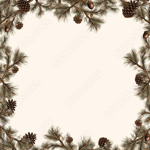 Vintage Seamless Pattern with Pinecones, Pine Branches, and Acorns, Winter Forest. Ideal for rustic, nature-inspired designs, textile prints, and holiday decor themes